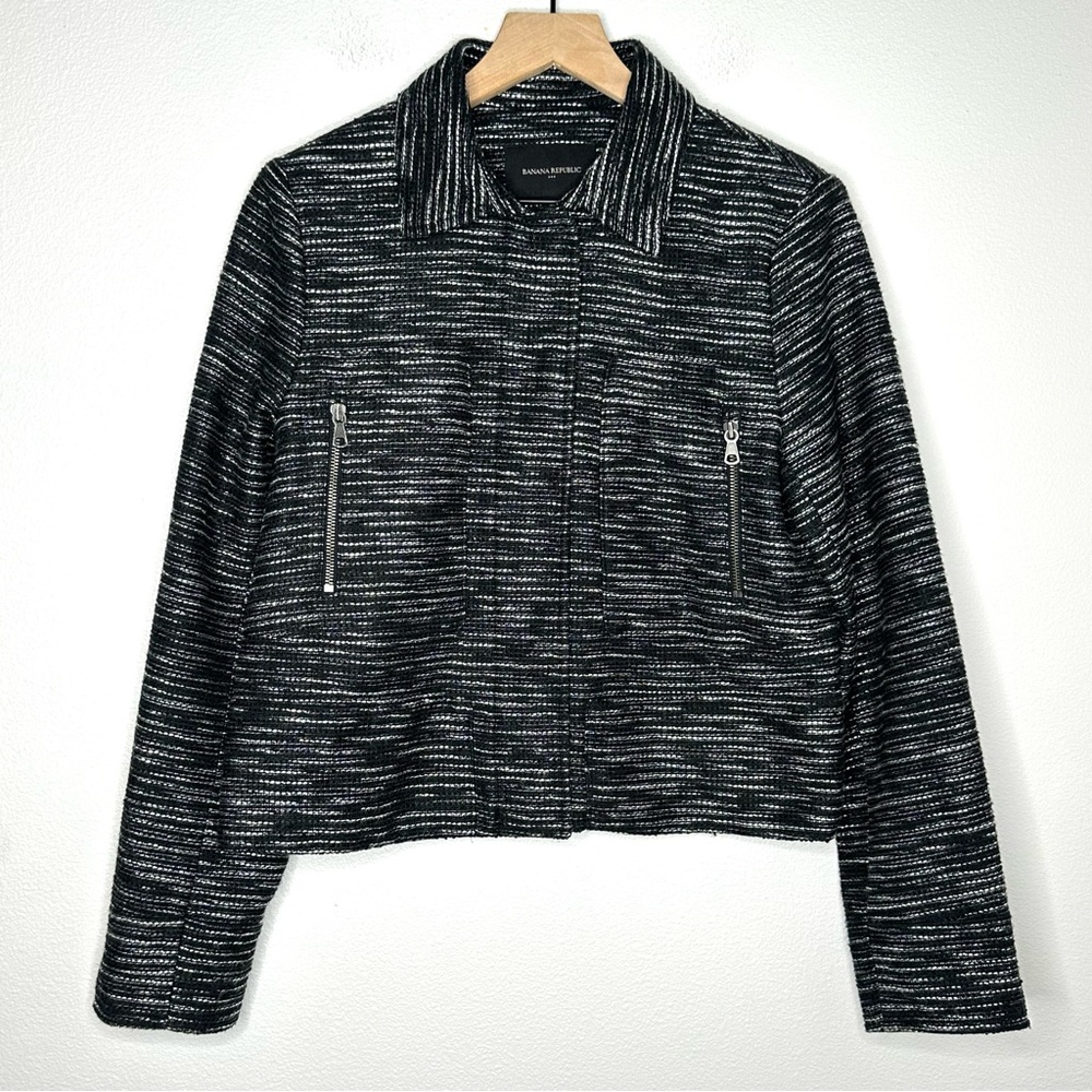 Banana Republic Women's Sz M Black Marled Tweed Zip Closure Pockets Moto Jacket